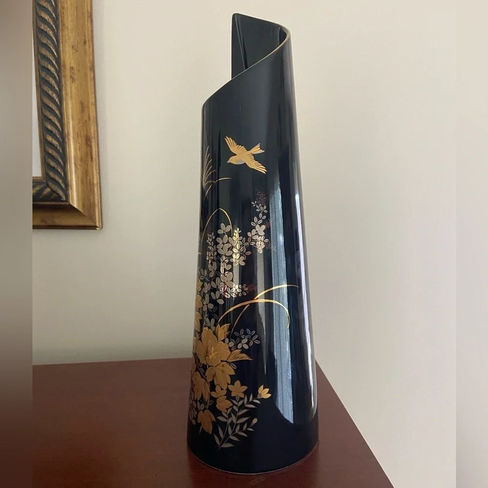 JAPAN TALL YAMAJI Wrap Black PORCELAIN VASE - Gold FLORAL & BIRD DESIGN